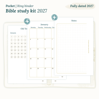 Fully dated 2027 PDF printable Bible study kit for Pocket ring binder planner including monthly calendar