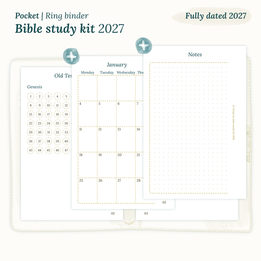 Fully dated 2027 PDF printable Bible study kit for Pocket ring binder planner including monthly calendar