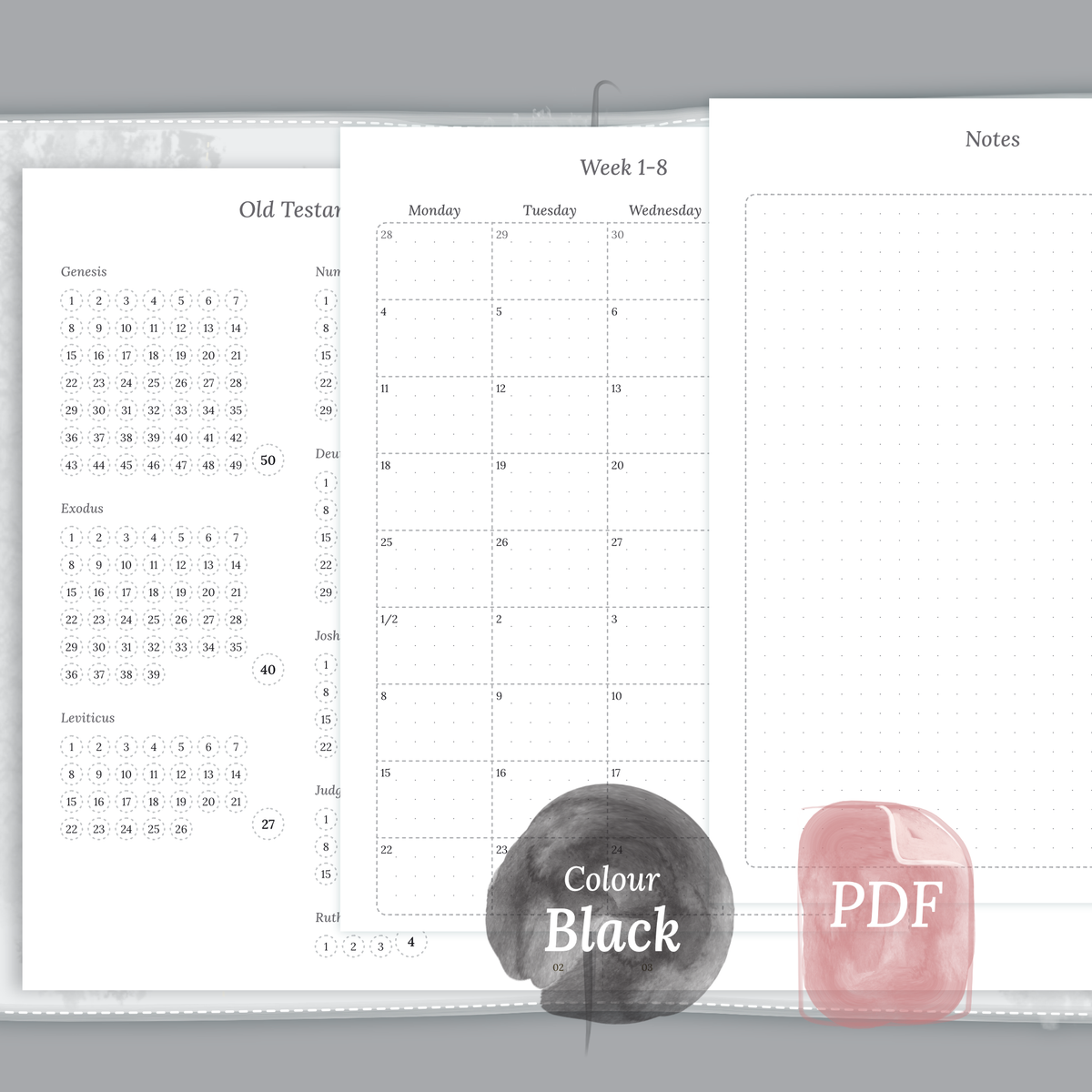 Black & White themed Bible journey map, Monthly and Notes for TN A5 Traveler’s Notebook planner