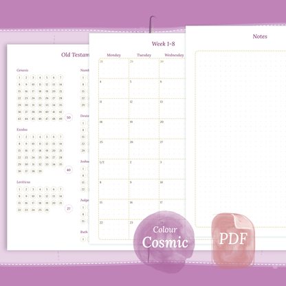PDF printable Bible study kit inserts Bible journey map, Monthly and Notes in the colour Cosmic/Raspberry TN A5