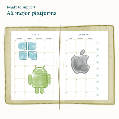 Open planner insert next to Windows, Android, and Apple logos indicating operating system compatibility