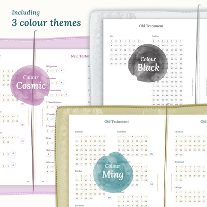 Three colour variants of the Bible study kit design themes Cosmic/Raspberry, Black, and Ming/Blue Green