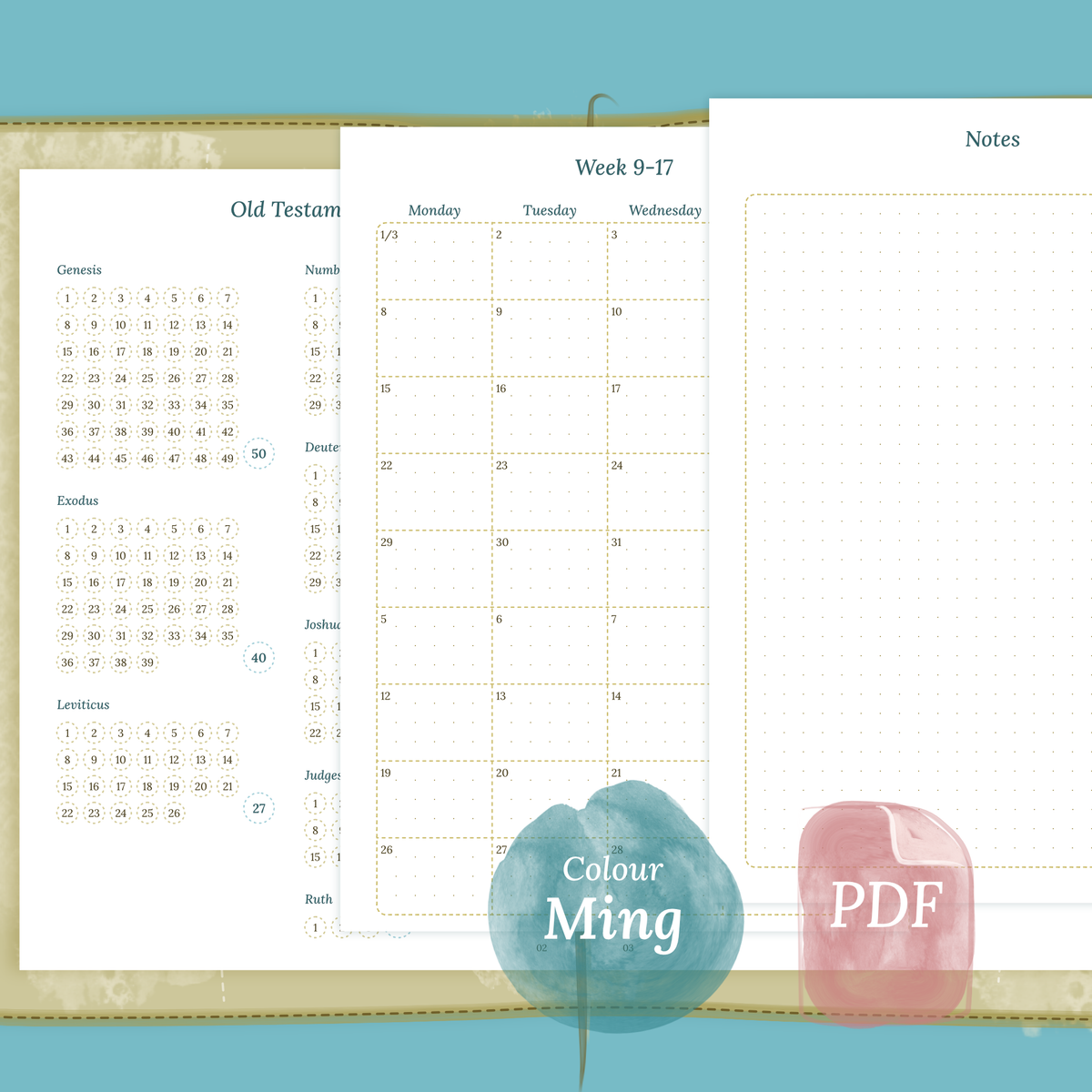 TN A5 PDF printable Bible study kit inserts Bible journey map, Monthly and Notes colour Ming/Blue Green