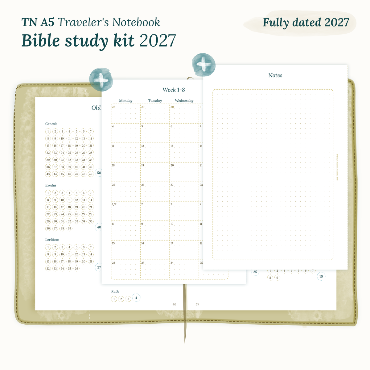 Fully dated 2027 PDF printable Bible study kit for TN A5 Traveler's Notebook including monthly calendar