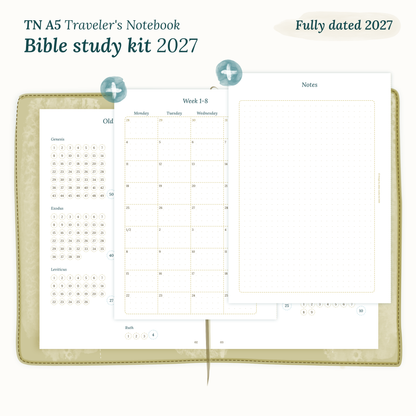 Fully dated 2027 PDF printable Bible study kit for TN A5 Traveler's Notebook including monthly calendar
