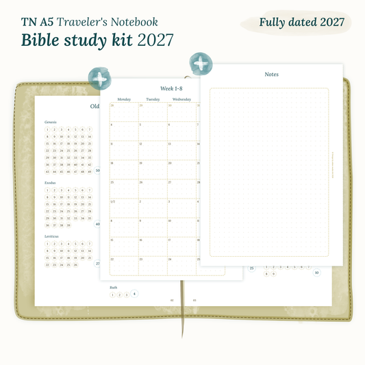Fully dated 2027 PDF printable Bible study kit for TN A5 Traveler's Notebook including monthly calendar