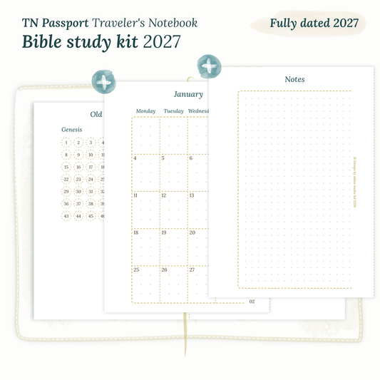 Fully dated 2027 PDF printable Bible study kit for TN Passport Traveler's Notebook including monthly calendar