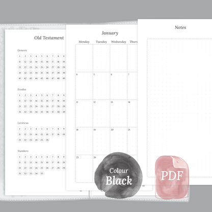 Black & White themed Bible journey map, Monthly and Notes for TN Standard Traveler’s Notebook planner