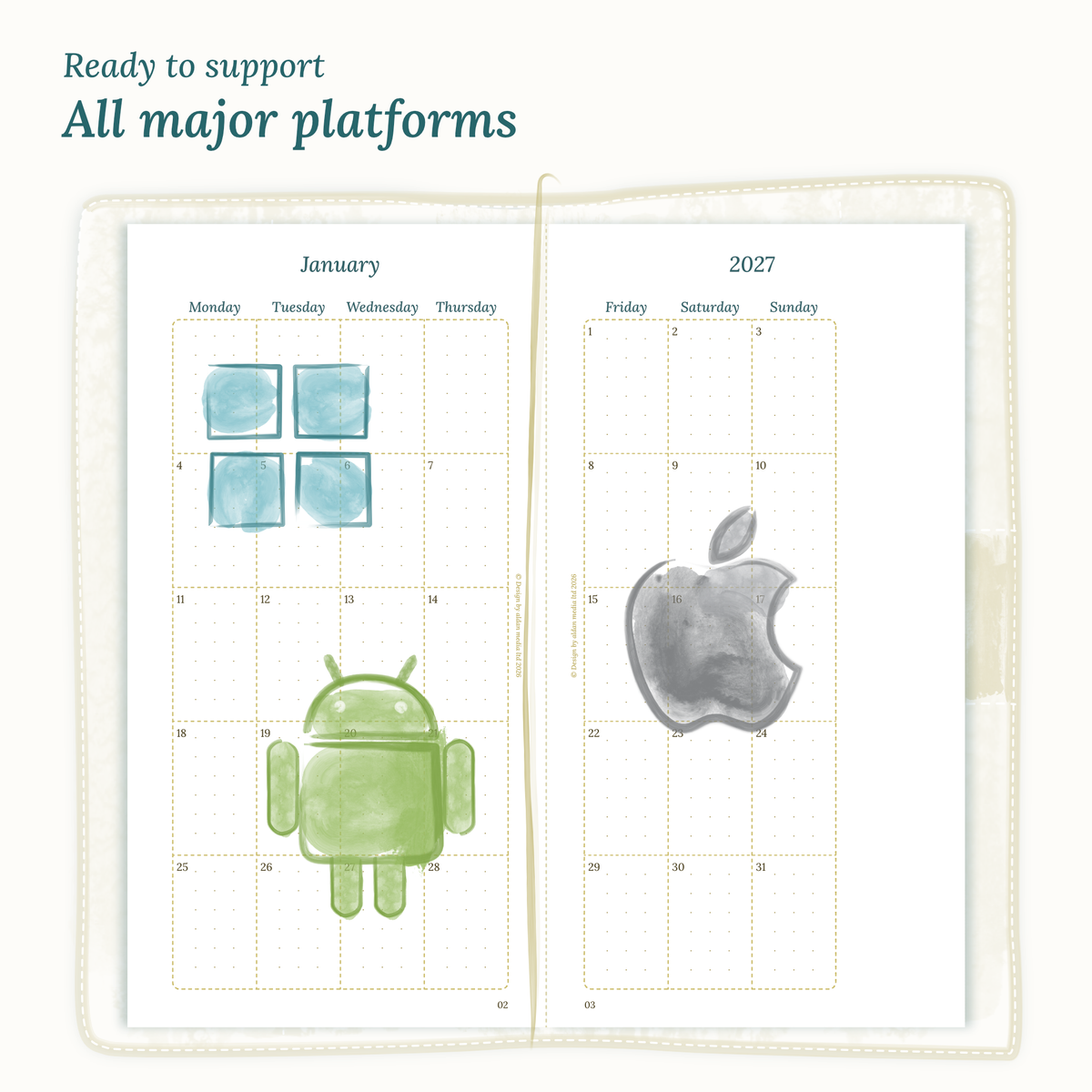 Open planner insert next to Windows, Android, and Apple logos indicating operating system compatibility