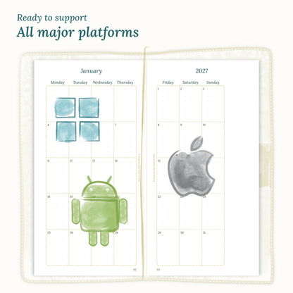 Open planner insert next to Windows, Android, and Apple logos indicating operating system compatibility