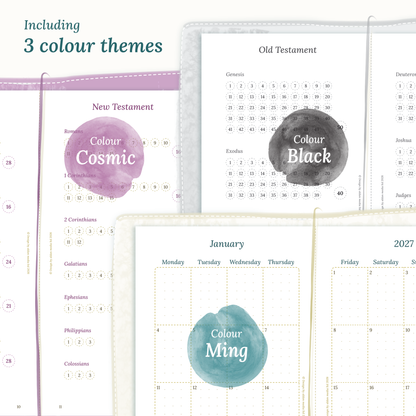 Three colour variants of the Bible study kit design themes Cosmic/Raspberry, Black, and Ming/Blue Green
