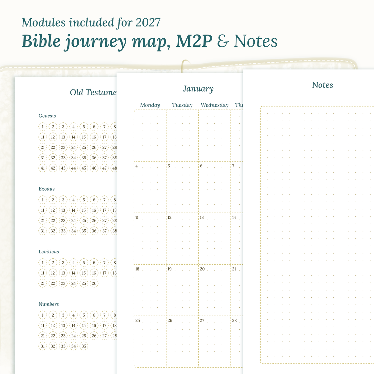 Fully dated 2027 PDF printable Bible study kit for TN Standard Traveler's Notebook including monthly calendar