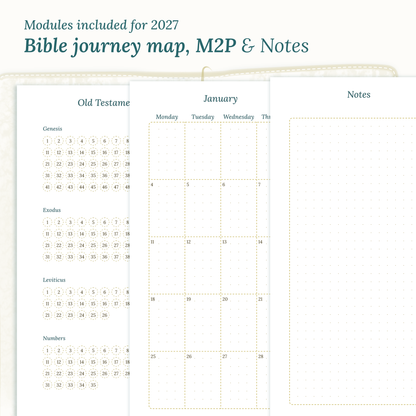 Fully dated 2027 PDF printable Bible study kit for TN Standard Traveler's Notebook including monthly calendar