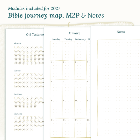 Fully dated 2027 PDF printable Bible study kit for TN Standard Traveler's Notebook including monthly calendar