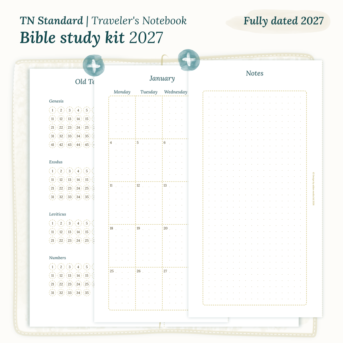 Fully dated Bible study kit PDF printable inserts with modules for 2027 featuring a Bible journey map, monthly and a Notes module