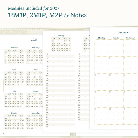PDF printable inserts 2027 on a white background with yearly, future log, monthly and notes