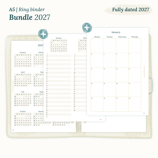 Fully dated 2027 printable Bundle calendar inserts for A5 size ring binder planner