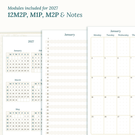 PDF printable inserts 2027 on a white background with yearly, future log, monthly and notes