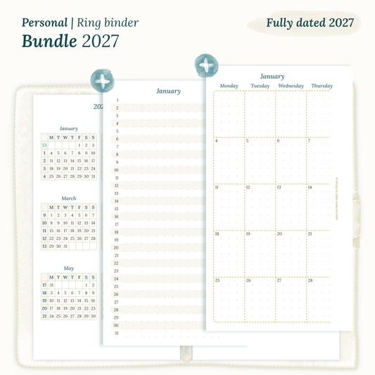 Fully dated 2027 printable Bundle calendar inserts for Personal size ring binder planner