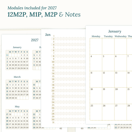 PDF printable inserts 2027 on a white background with yearly, future log, monthly and notes