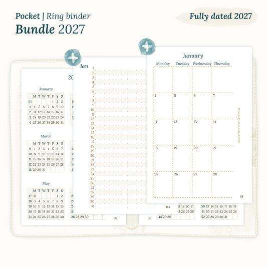 Fully dated 2027 printable Bundle calendar inserts for Pocket size ring binder planner