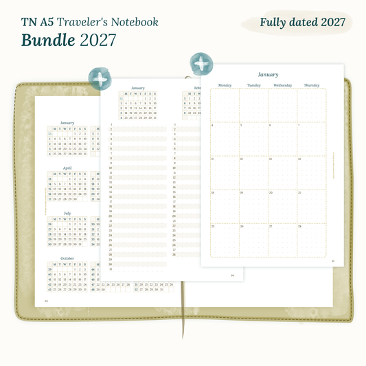 Fully dated 2027 printable Bundle calendar inserts for TN A5 Traveler's Notebook planner