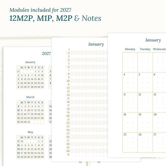 PDF printable inserts 2027 on a white background with yearly, future log, monthly and notes