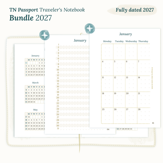 Fully dated 2027 printable Bundle calendar inserts for TN Passport Traveler's Notebook planner