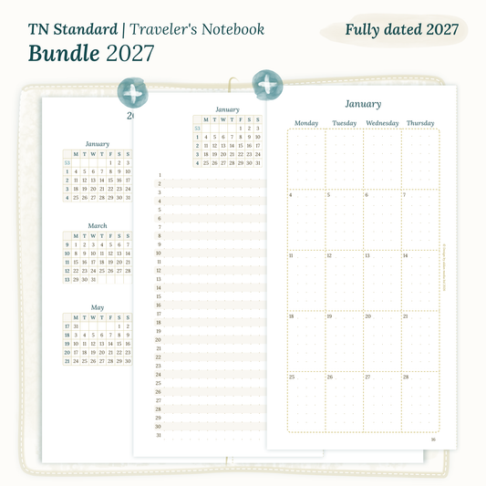 Fully dated 2027 printable Bundle calendar inserts for TN Standard Traveler's Notebook planner