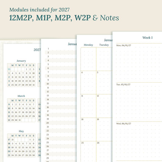 PDF printable inserts 2027 on a beige background with yearly, future log, monthly, weekly and notes