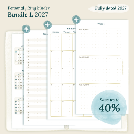 Fully dated 2027 printable Bundle L calendar inserts for Personal size ring binder planner
