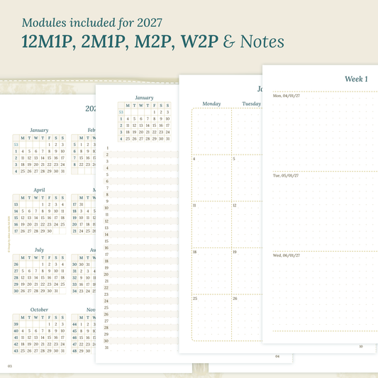 PDF printable inserts 2027 on a beige background with yearly, future log, monthly, weekly and notes