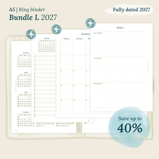 Fully dated 2027 printable Bundle L calendar inserts for A5 size ring binder planner