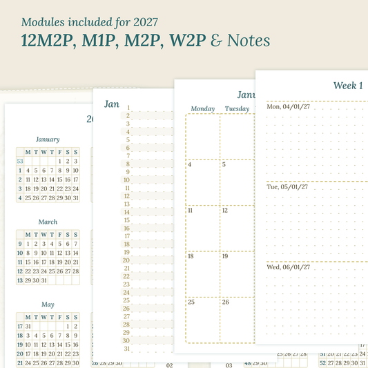 PDF printable inserts 2027 on a beige background with yearly, future log, monthly, weekly and notes