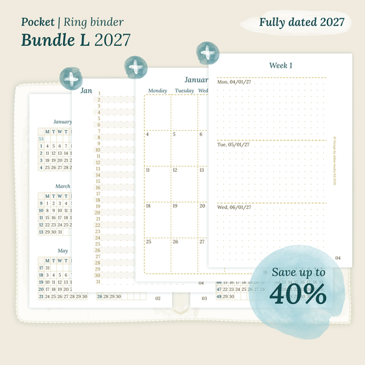 Fully dated 2027 printable Bundle L calendar inserts for Pocket size ring binder planner