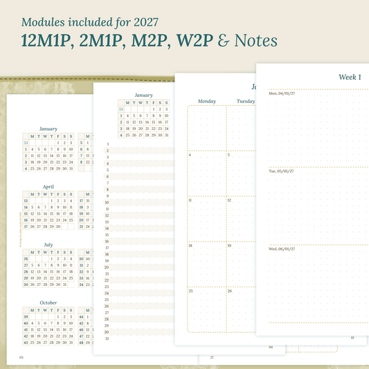 PDF printable inserts 2027 on a beige background with yearly, future log, monthly, weekly and notes