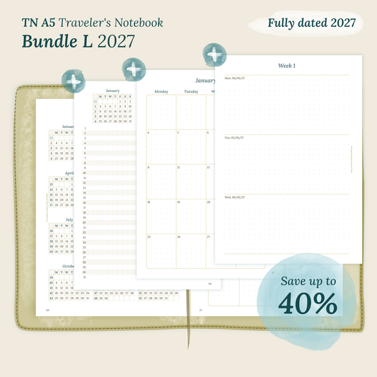 Fully dated 2027 printable Bundle L calendar inserts for TN A5 Traveler's Notebook planner