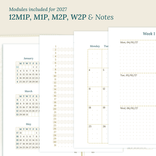 PDF printable inserts 2027 on a beige background with yearly, future log, monthly, weekly and notes