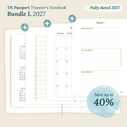 Fully dated 2027 printable Bundle L calendar inserts for TN Passport Traveler's Notebook planner