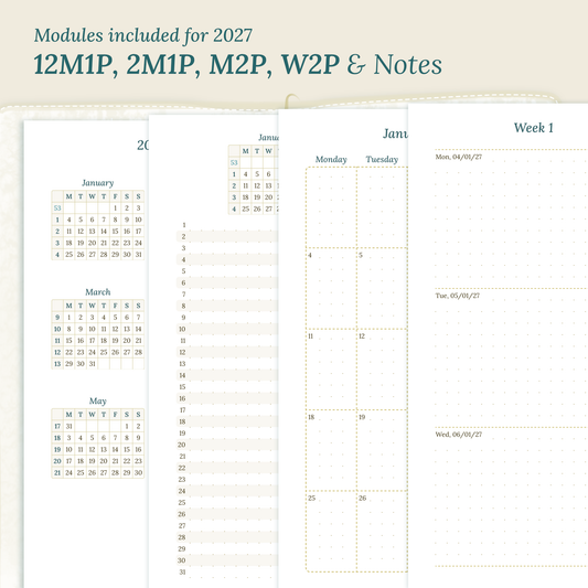 PDF printable inserts 2027 on a beige background with yearly, future log, monthly, weekly and notes