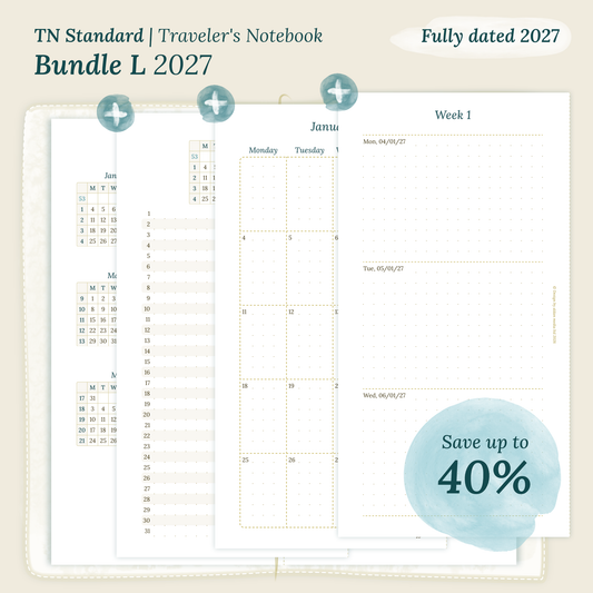 Fully dated 2027 printable Bundle L calendar inserts for TN Standard Traveler's Notebook planner