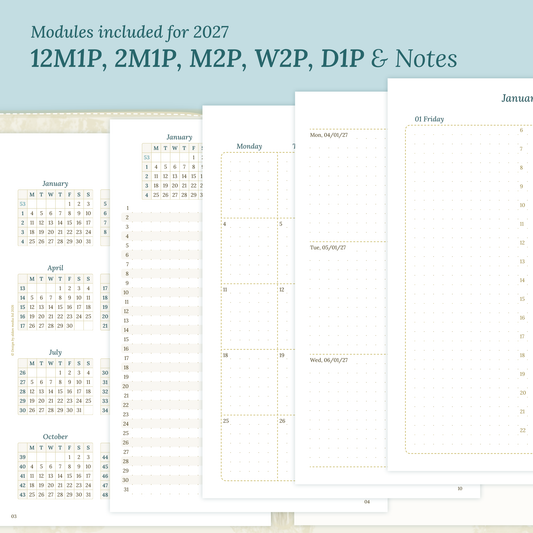 PDF printable inserts 2027 on a ming/blue green background with yearly, future log, monthly, weekly, daily and notes