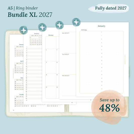 Fully dated 2027 printable Bundle XL calendar inserts for A5 size ring binder planner