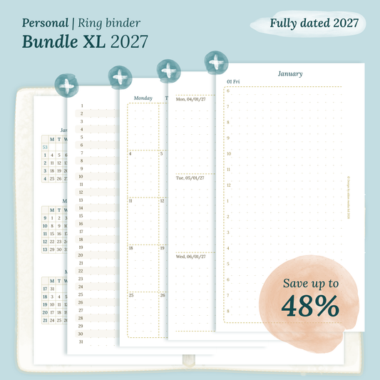 Fully dated 2027 printable Bundle XL calendar inserts for Personal size ring binder planner