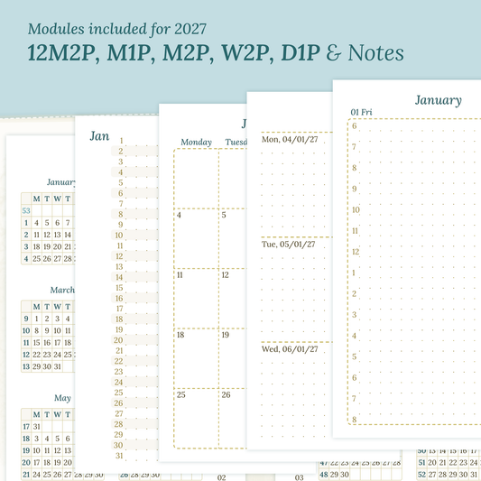 PDF printable inserts 2027 on a ming/blue green background with yearly, future log, monthly, weekly, daily and notes