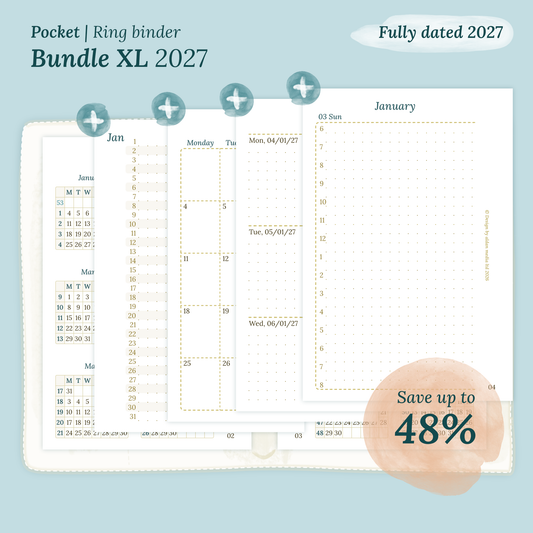 Fully dated 2027 printable Bundle XL calendar inserts for Pocket size Ring Binder planner