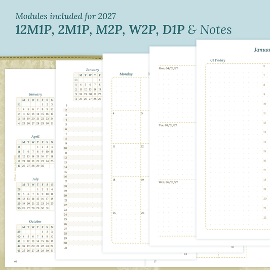 PDF printable inserts 2027 on a ming/blue green background with yearly, future log, monthly, weekly, daily and notes