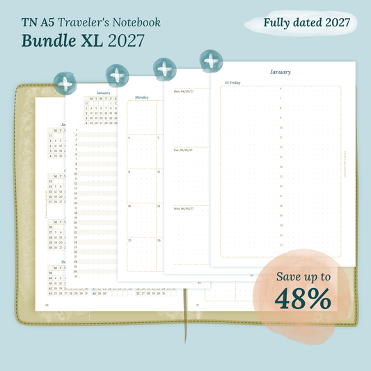Fully dated 2027 printable Bundle XL calendar inserts for TN A5 Traveler's Notebook planner