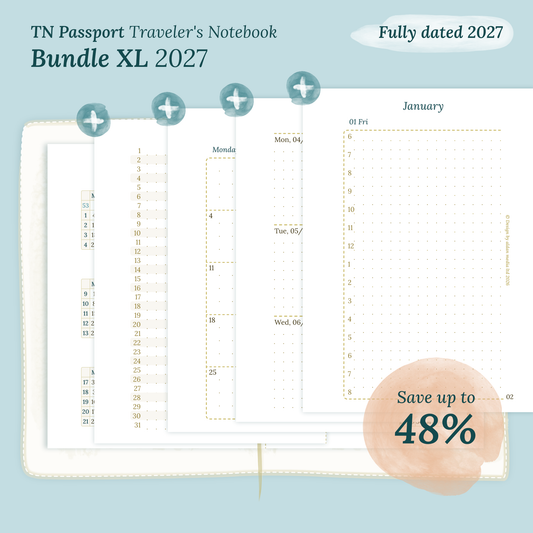 Fully dated 2027 printable Bundle XL calendar inserts for TN Passport Traveler's Notebook planner