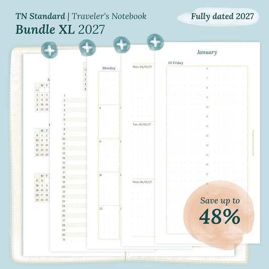 Fully dated 2027 printable Bundle XL calendar inserts for TN Standard Traveler's Notebook planner